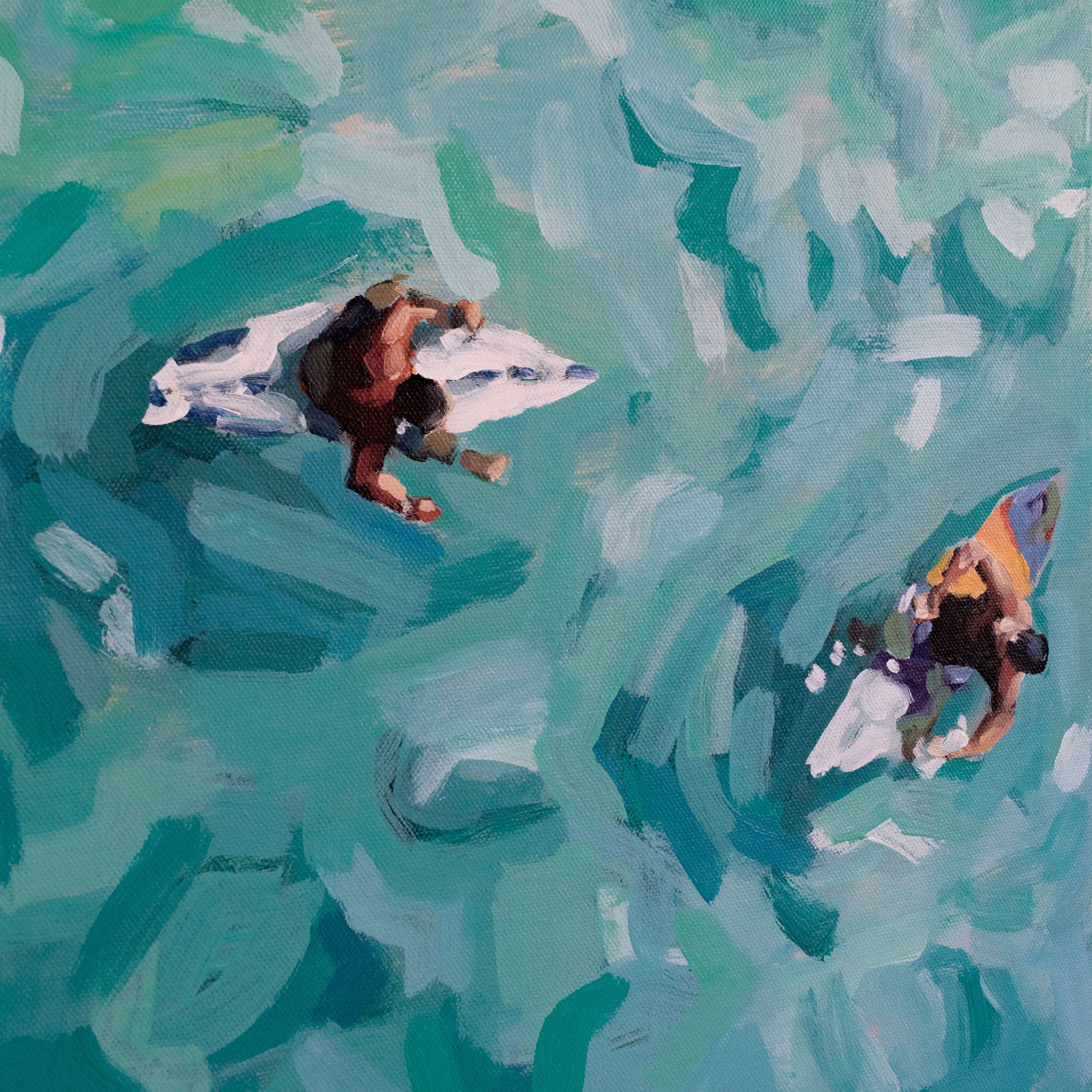 Large and expressive original aerial beach painting by Jordan Harmon. 30" x 40" Acrylic on stretched canvas.