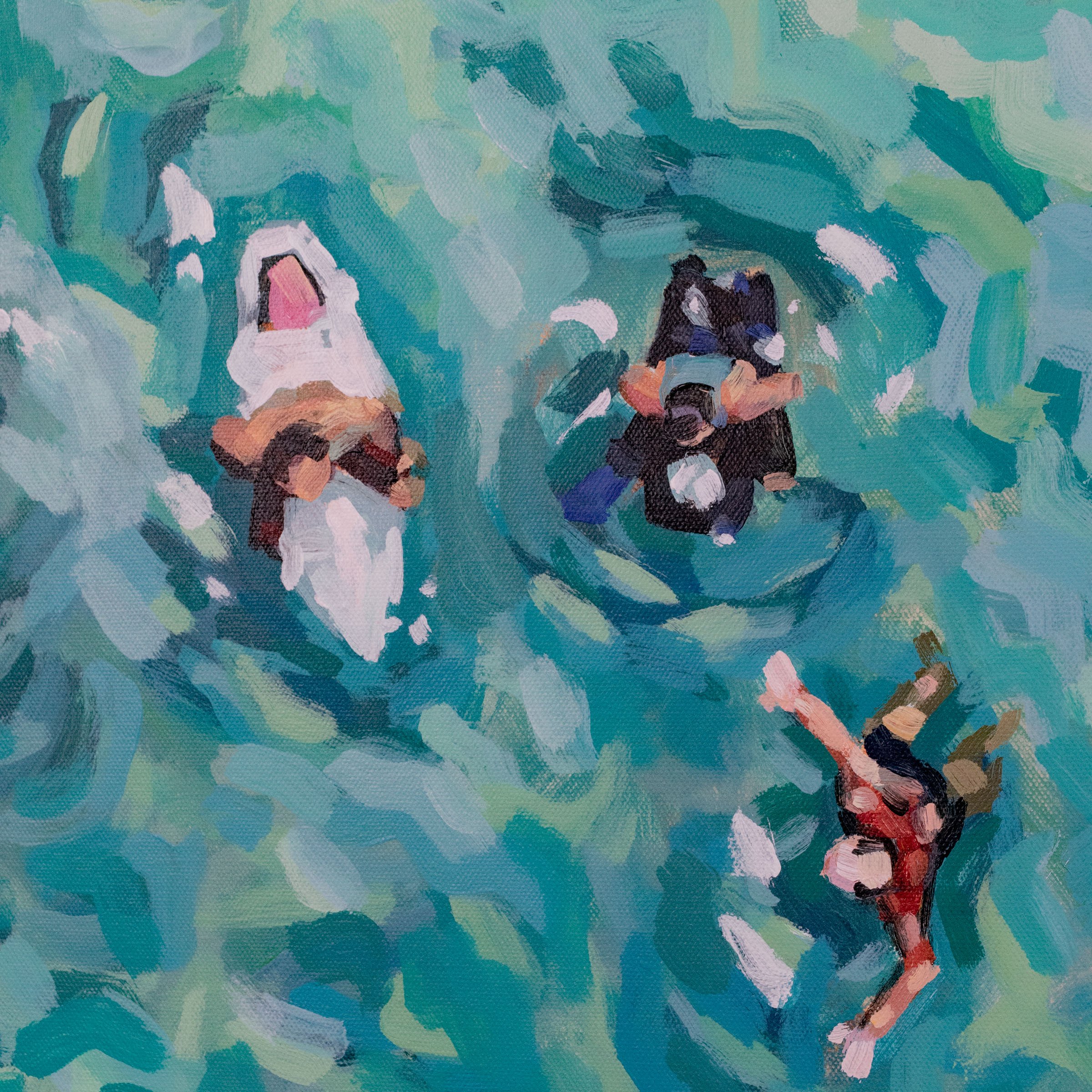 Large and expressive original aerial beach painting by Jordan Harmon. 30" x 40" Acrylic on stretched canvas.