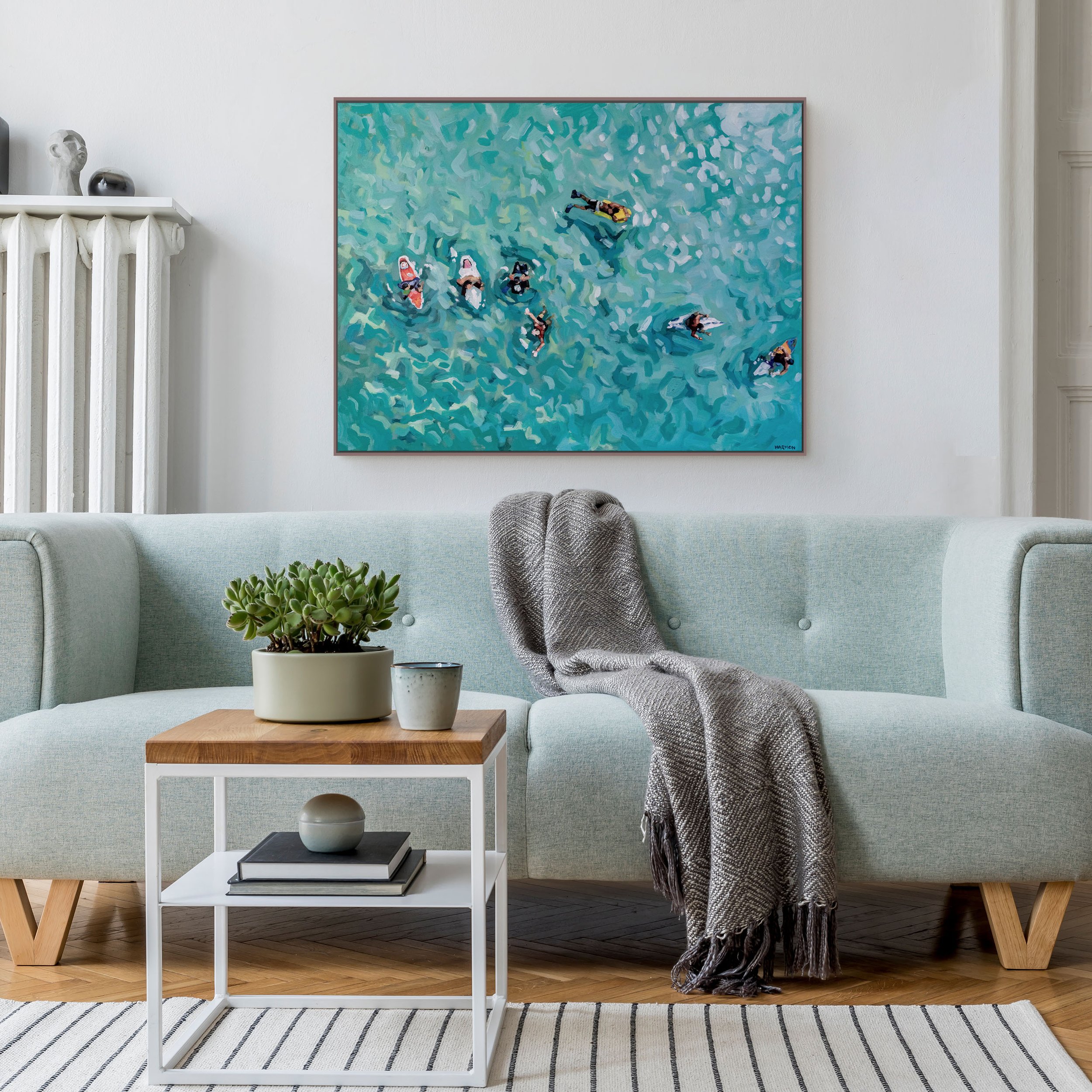 Large and expressive original aerial beach painting by Jordan Harmon. 30" x 40" Acrylic on stretched canvas.