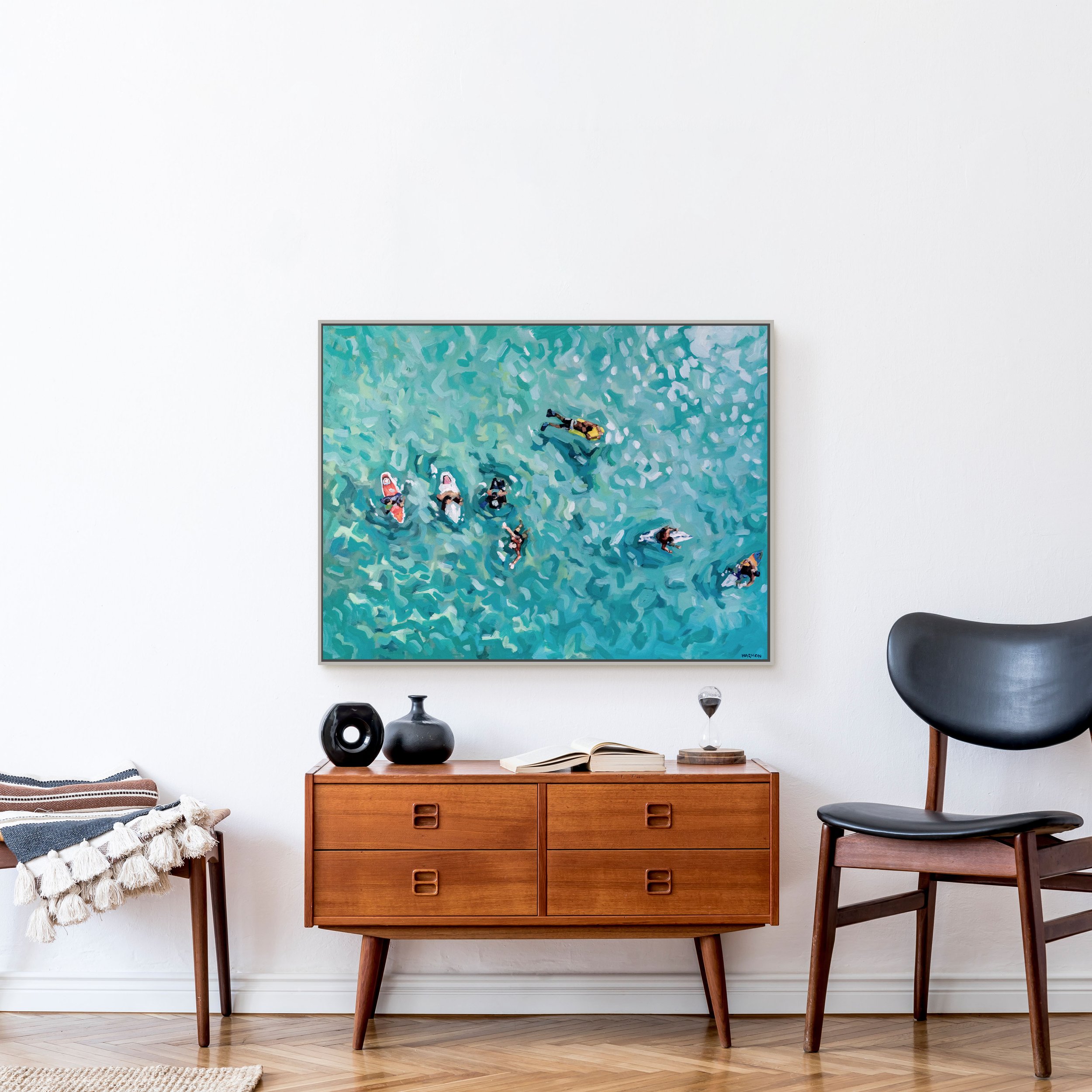 Large and expressive original aerial beach painting by Jordan Harmon. 30" x 40" Acrylic on stretched canvas.