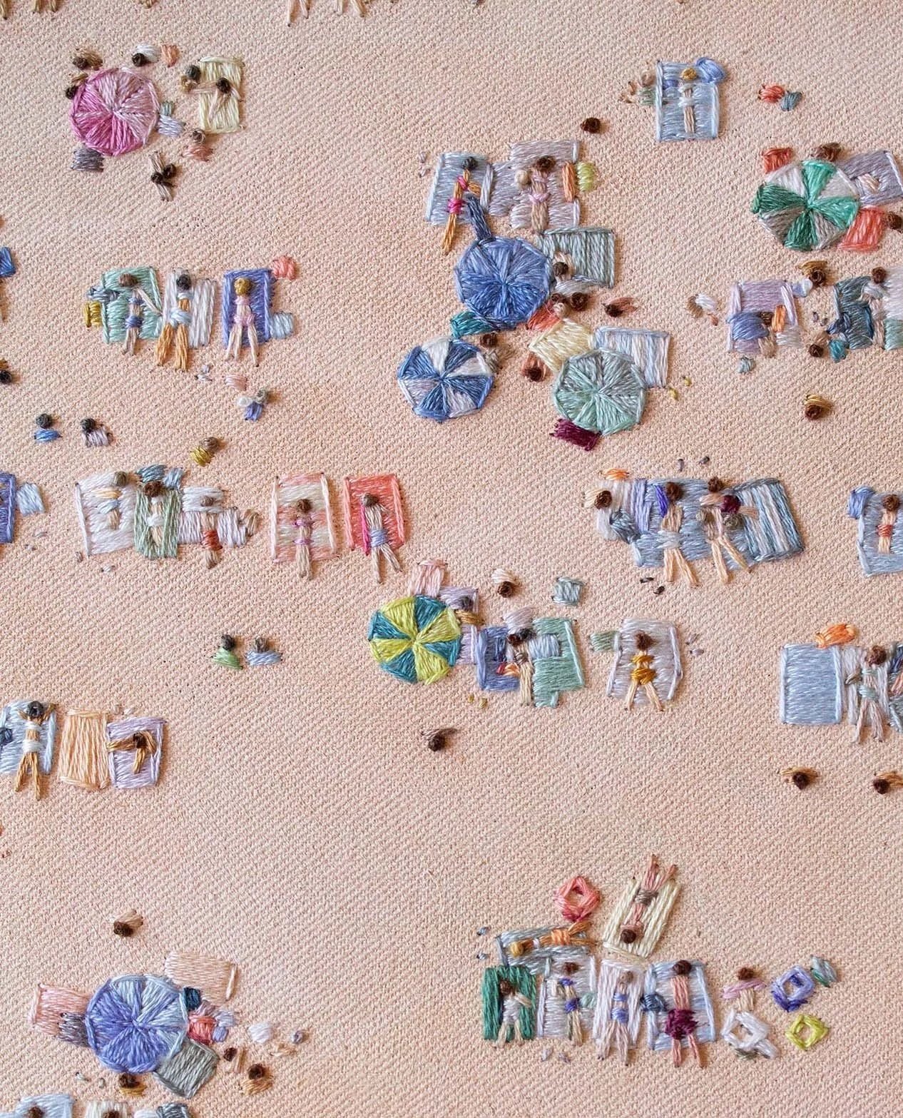 Closeup image of aerial beach embroidery made with paint and thread by Jordan Harmon