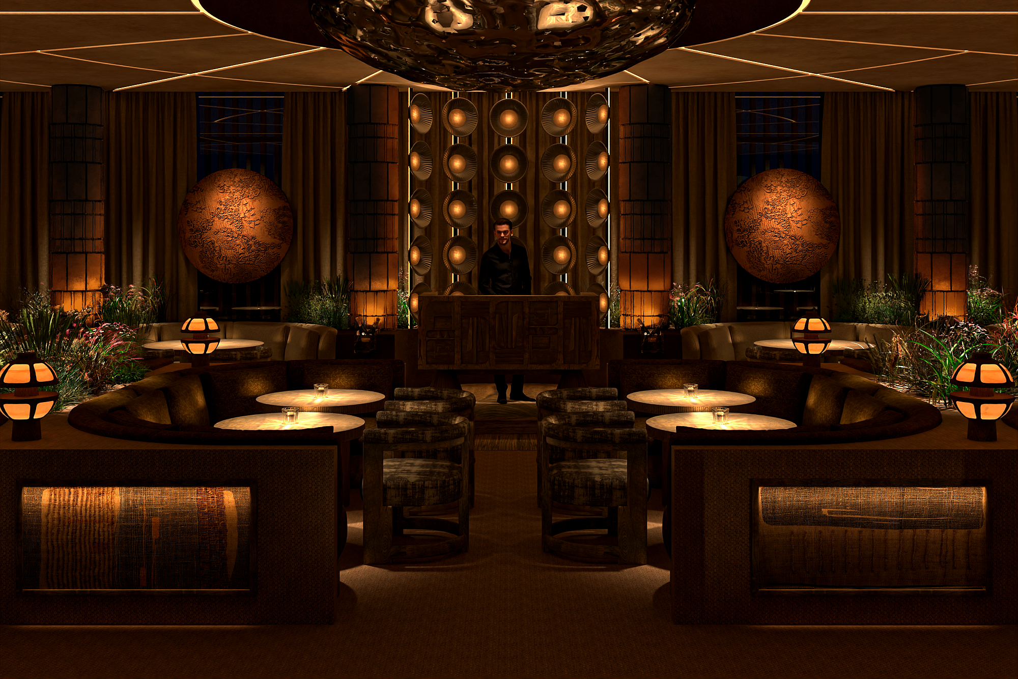 uxurious indoor lounge with dramatic lighting at Casa Neos Lounge on the Miami River.