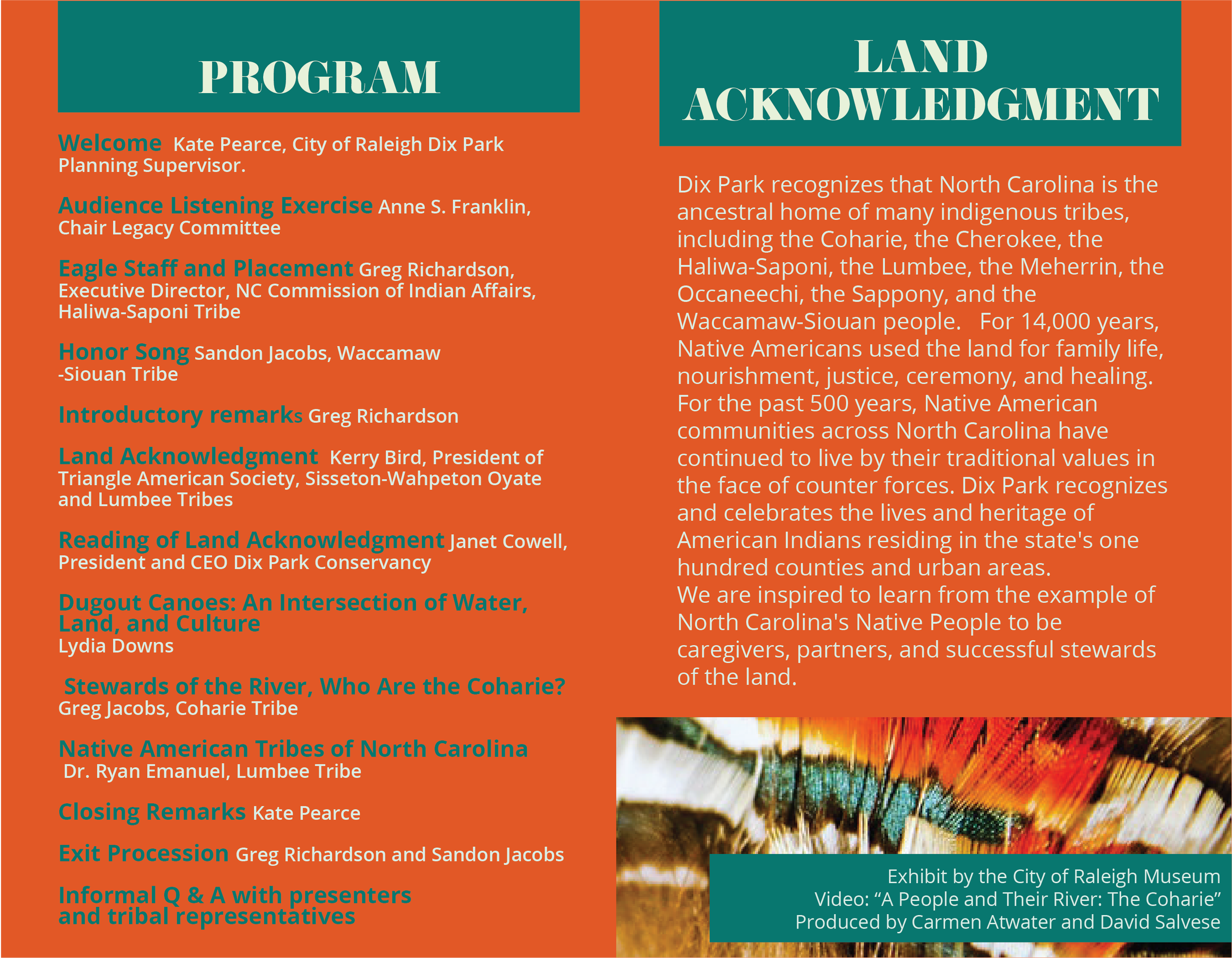 Pamphlet insert including program schedule and land acknowledgement