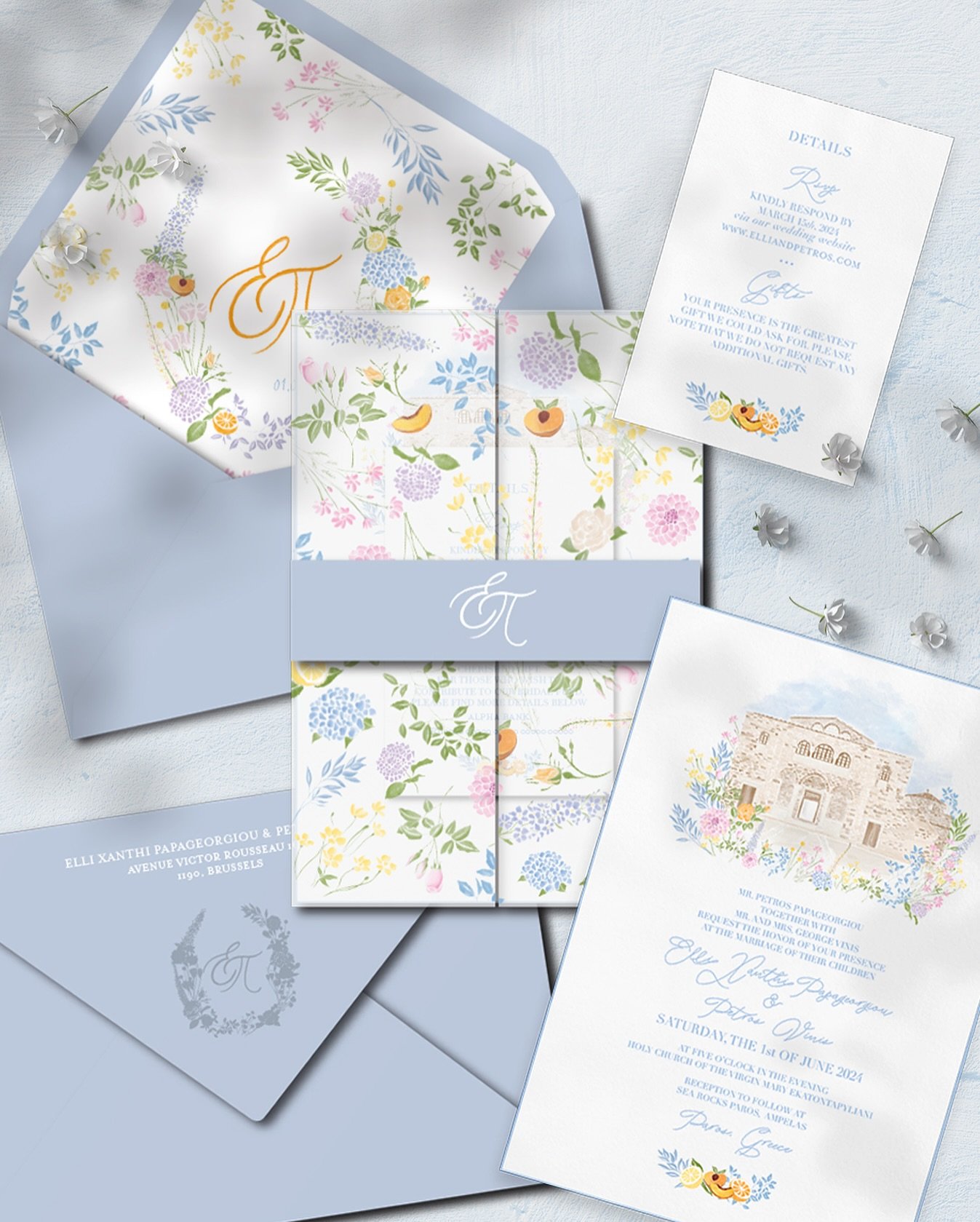 We love soft pastel colors that are full of summery vibes and happiness! Here&rsquo;s the full reveal of our Paros Island-inspired wedding invitation for E&amp;P! 

Wedding Planning &amp; Styling @thinkhappyevents @gretaromano13 

#amorfoniou_station