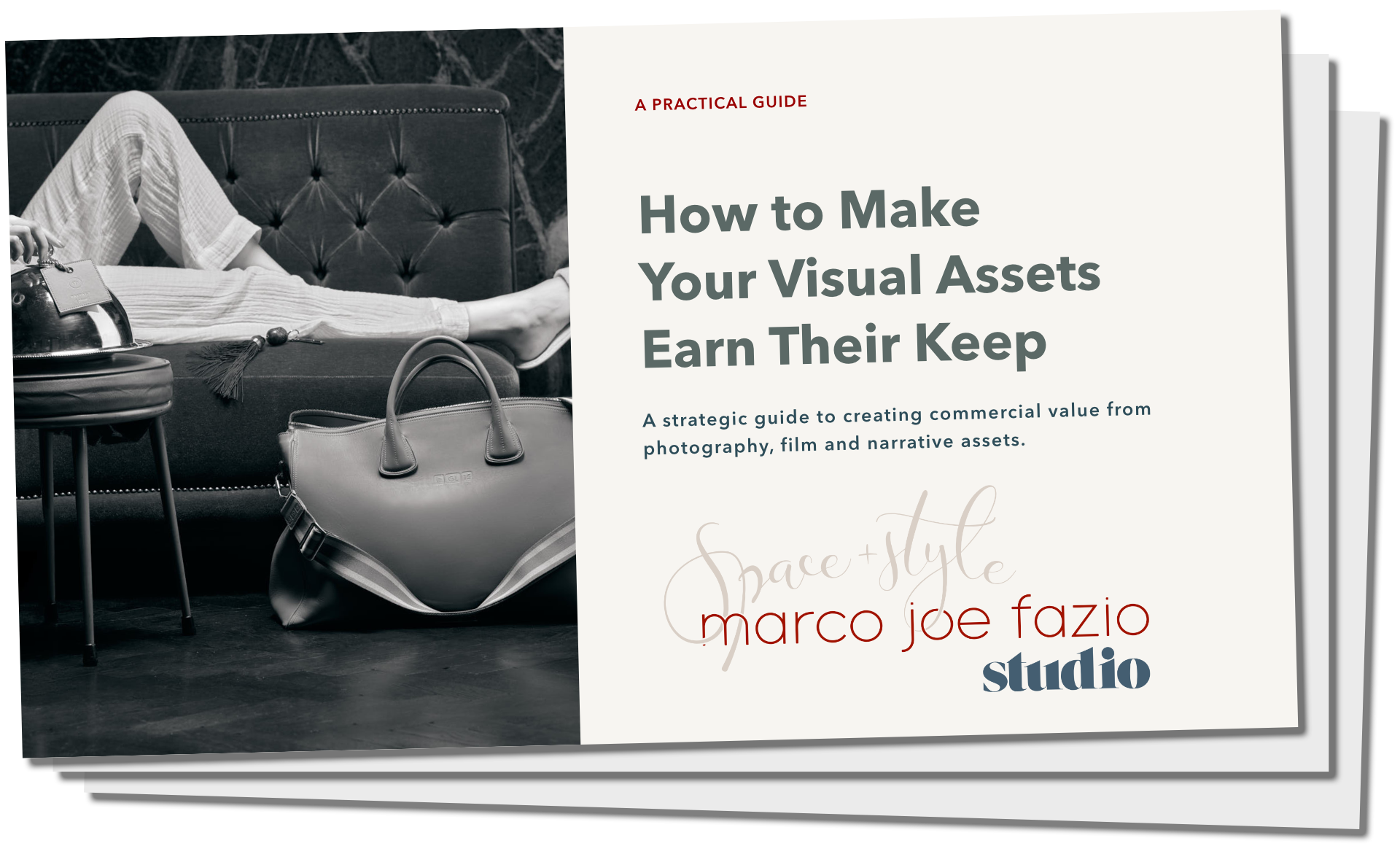 Marco Joe Fazio Studio's guide cover titled 'How to Make Your Visual Assets Earn Their Keep' with a black and white photo of a person lying on a sofa holding a vintage telephone, a purse, and a small side table.