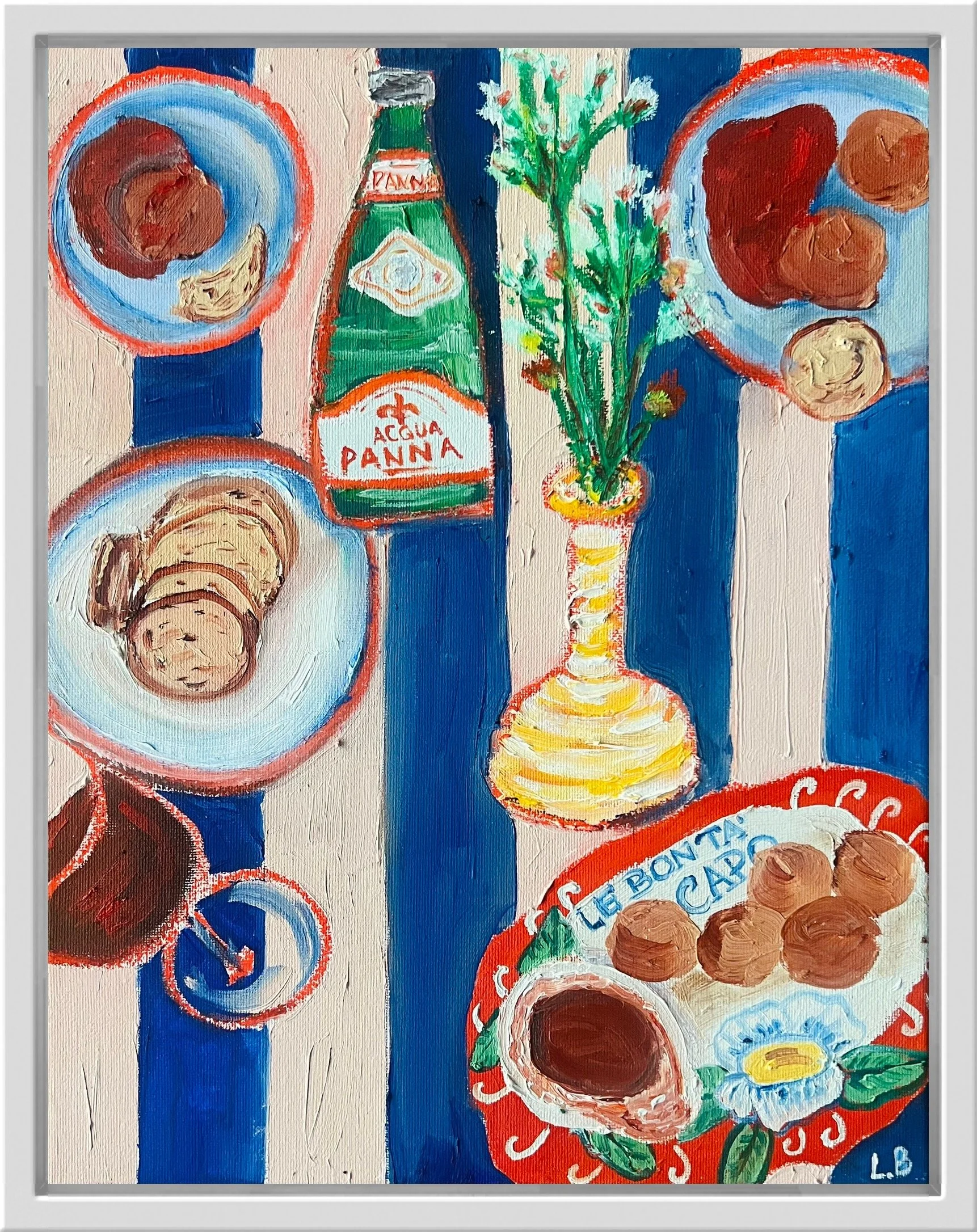 Arancini & Acqua Panna ,2024, 11" w x 14" L, oil and pastel on canvas
