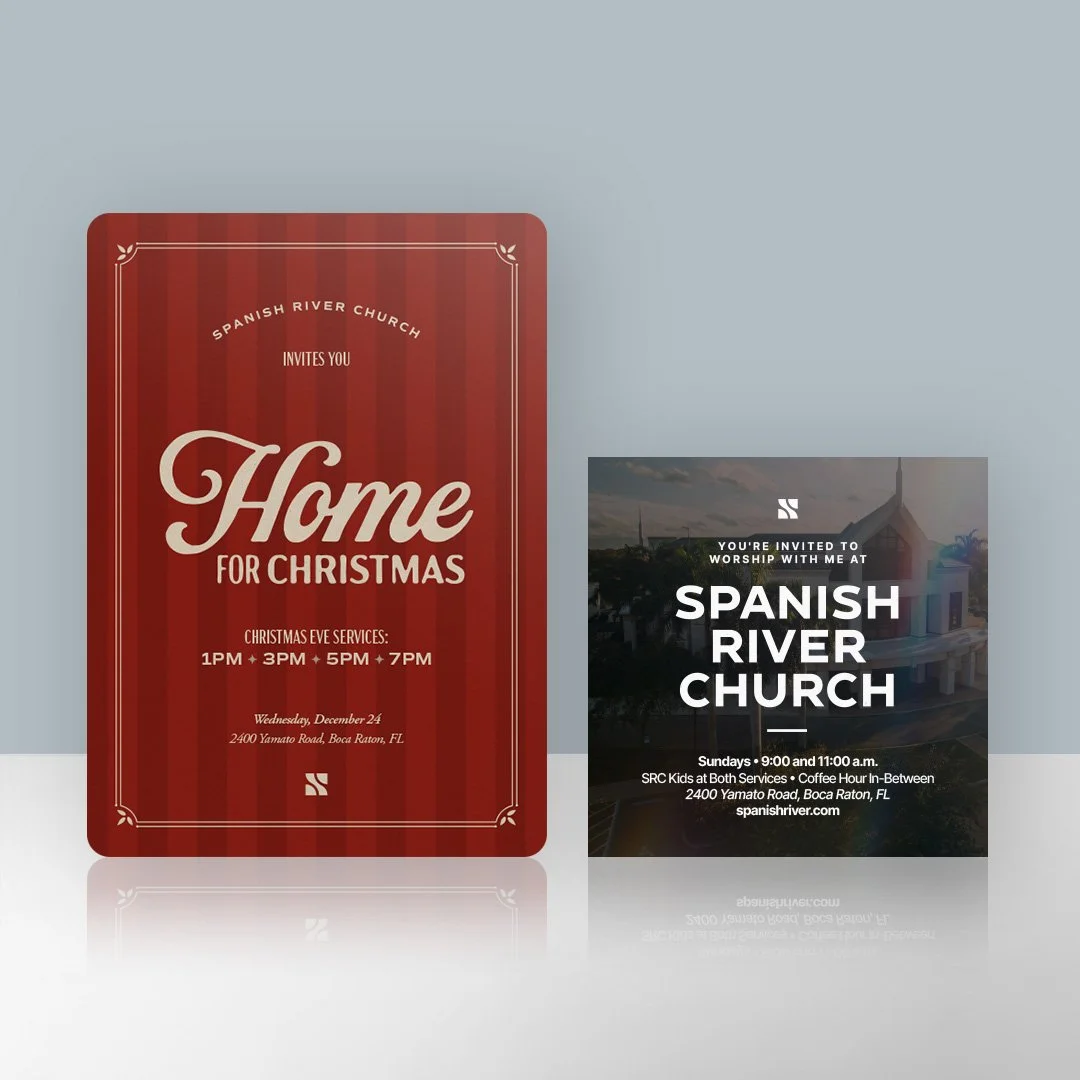 Two church event flyers, one red with white text for a Christmas service at Spanish River Church, and one dark with white text inviting worship at Spanish River Church, both featuring church images and details.