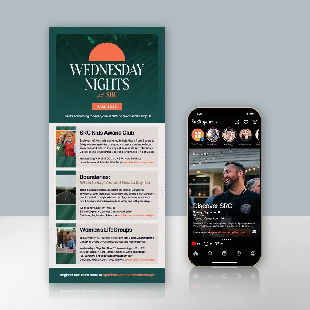 An advertisement flyer for Wednesday Nights at SRC and a smartphone screen showing an Instagram post about discovering SRC, with a man smiling.