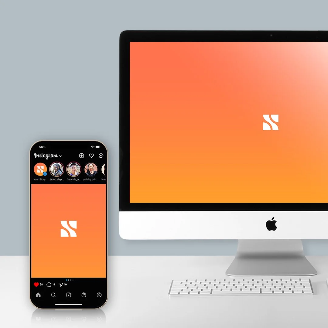An iPhone and an iMac computer on a white desk, both displaying the same orange and white logo against a gradient orange background.