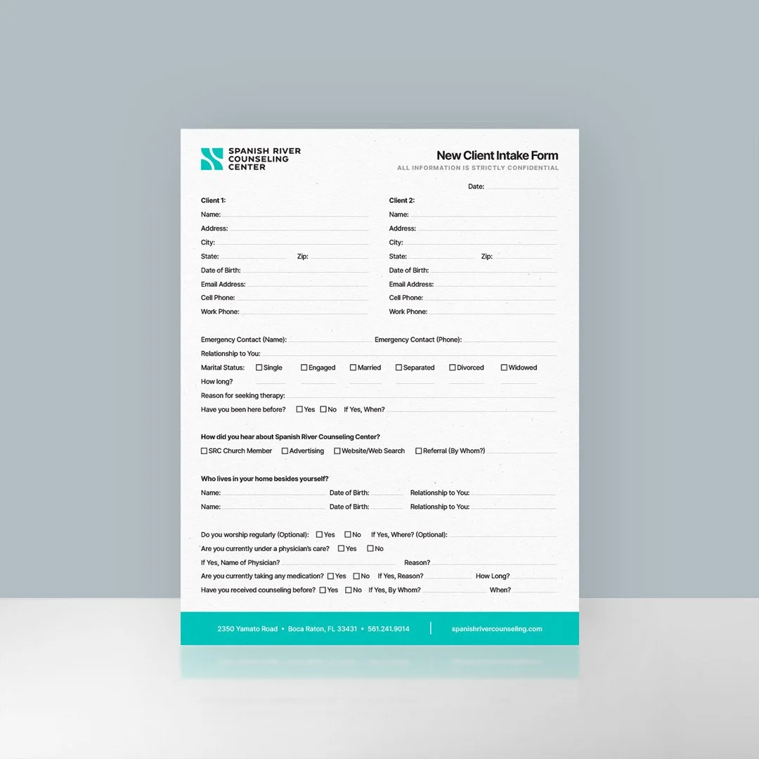 A new client intake form for Spanish River Counseling Center, includes fields for personal information, emergency contacts, therapy history, and how the client heard about the center.