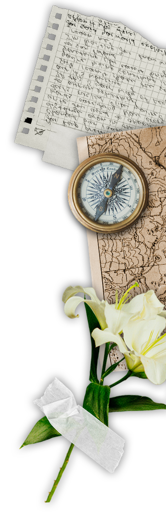A collage of a scrap of paper, a compass, an old map, and an Easter lily taped down