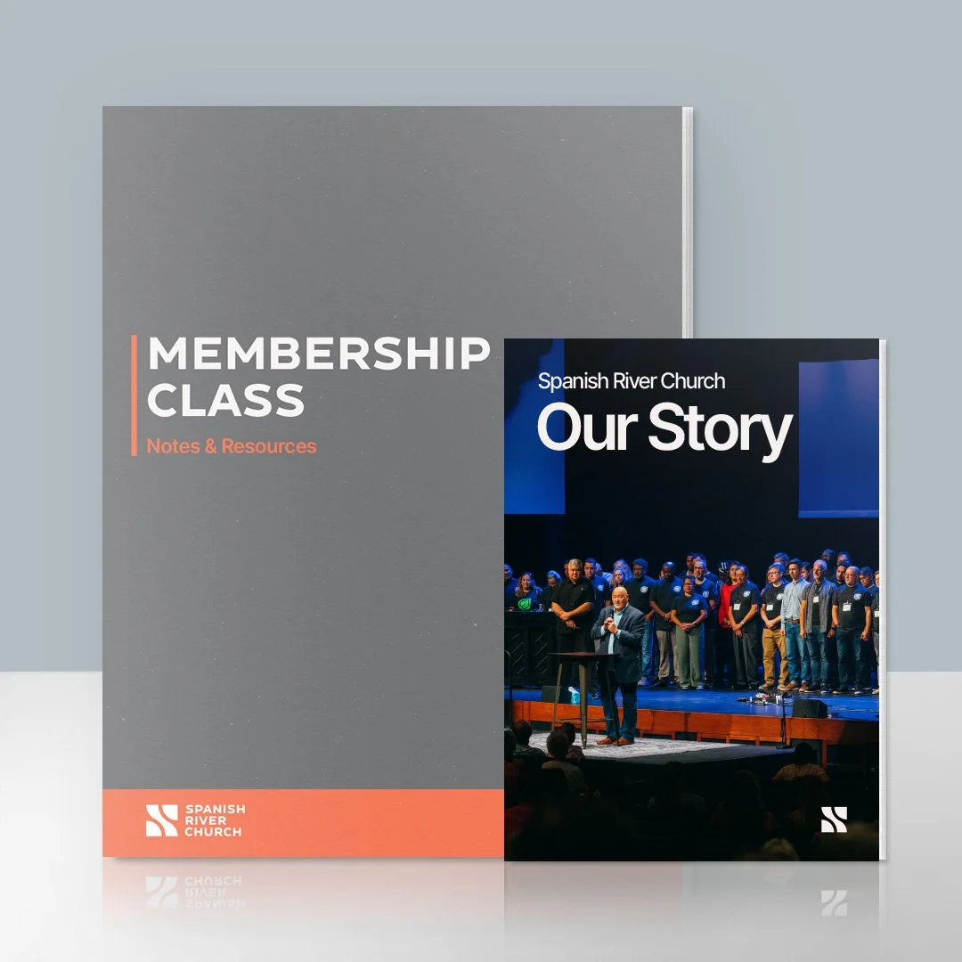 A membership class booklet and a church story booklet from Spanish River Church, with a group of people on stage in the background.