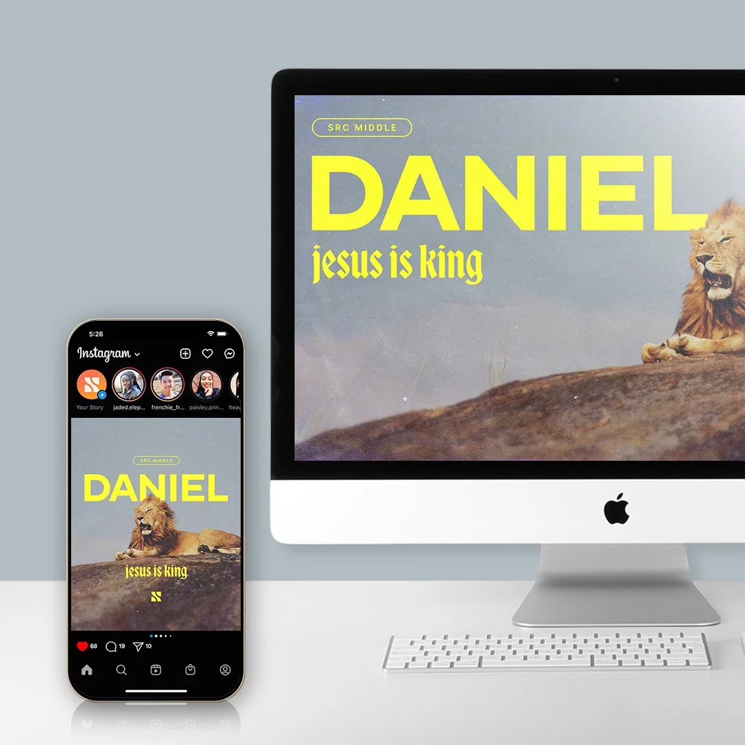 An iPhone and an iMac computer display a graphic with a lion lying on a rock and large yellow text reading "DANIEL" and smaller yellow text saying "jesus is king." The iPhone shows the same graphic on its screen.