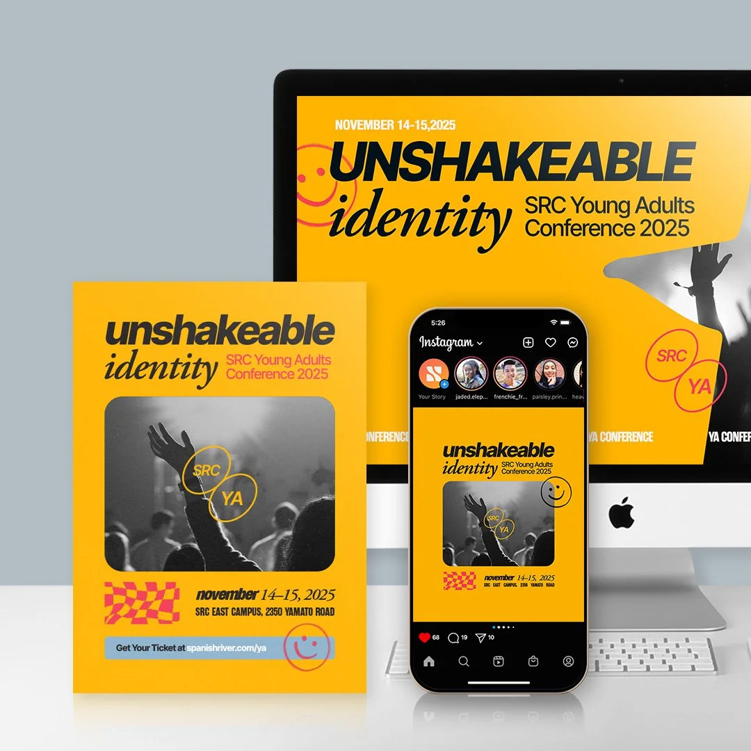 Promotional materials for the 'Unshakeable Identity' SRC Young Adults Conference 2025, held November 14-15, 2025, at SRC East Campus, 2350 Yamato Road. The cover features a black and white photo of a raised hand in a crowd, with yellow and black text and pink accents. The materials include a flyer, booklet, and a smartphone screen showing the event promotion on Instagram.