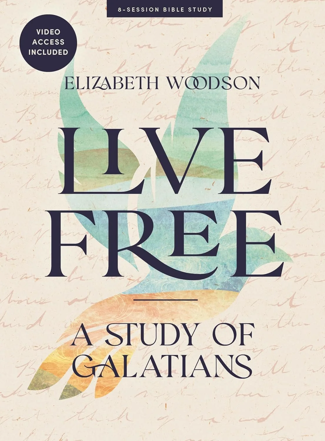 Book cover titled 'Love Free: A Study of Galatians' by Elizabeth Woodson, featuring a pastel-colored butterfly.