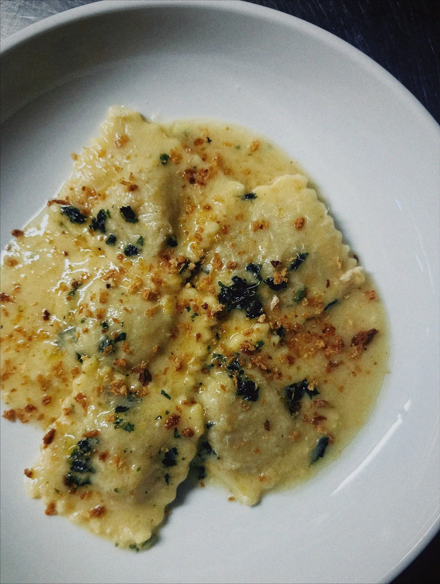 Pumpkin Ravioli | champagne butter, mint, breadcrumbs 
Cr&eacute;me Br&ucirc;l&eacute;e | vanilla custard, caramelized sugar 
Eggplant Parmesan | red and green peppers, eggplant, green tomatoes, pecorino