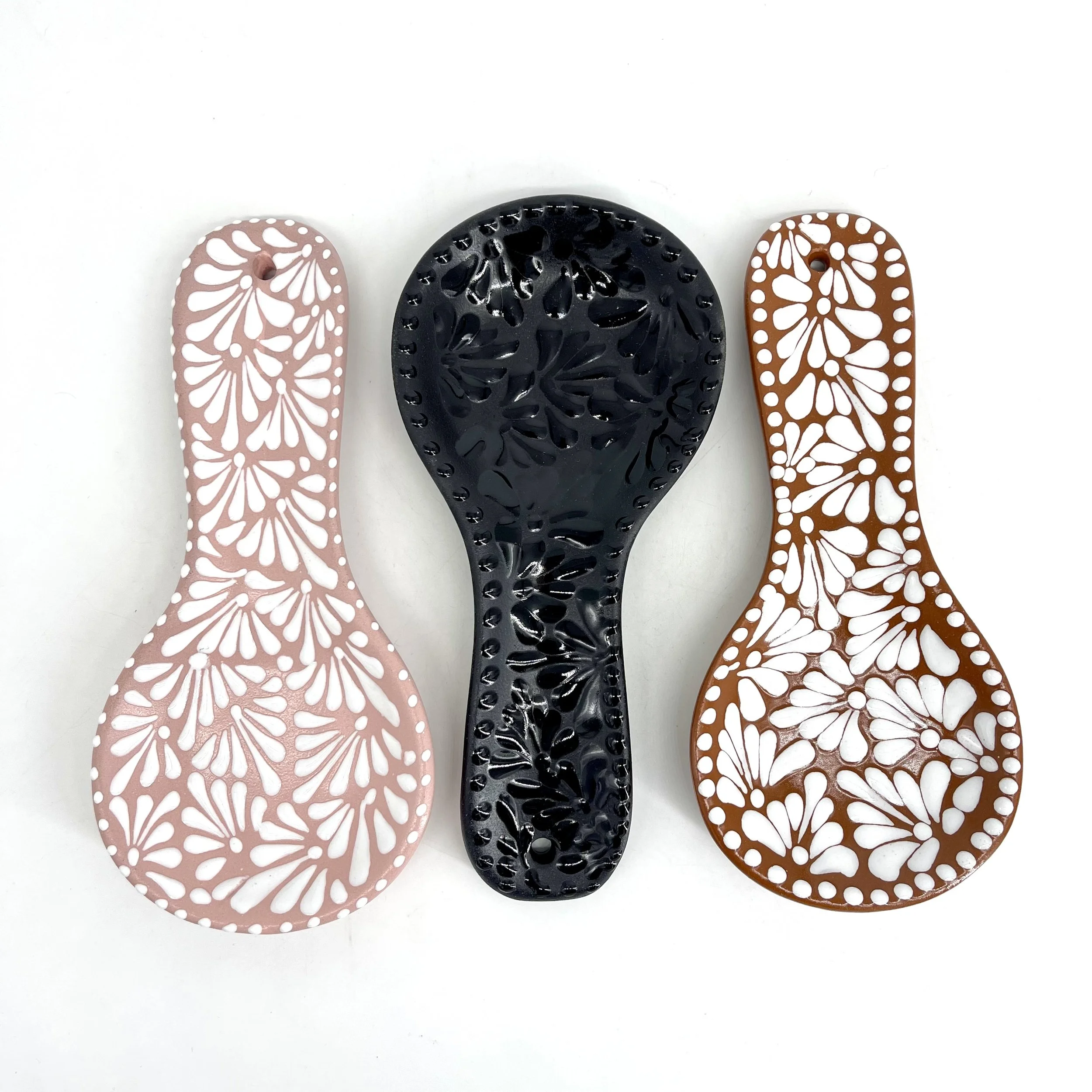 Elegant Mexican Spoon Rest in Brown, Pink and Black