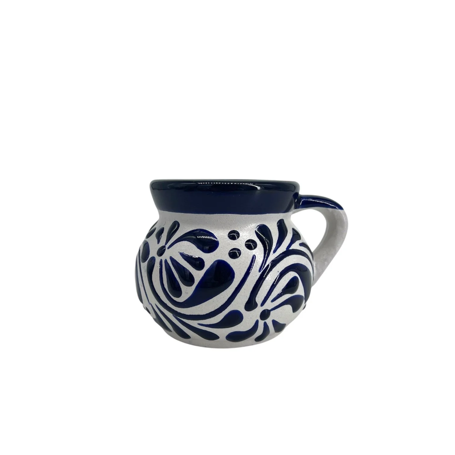 Short Coffee Cup in White with Blue Accents 