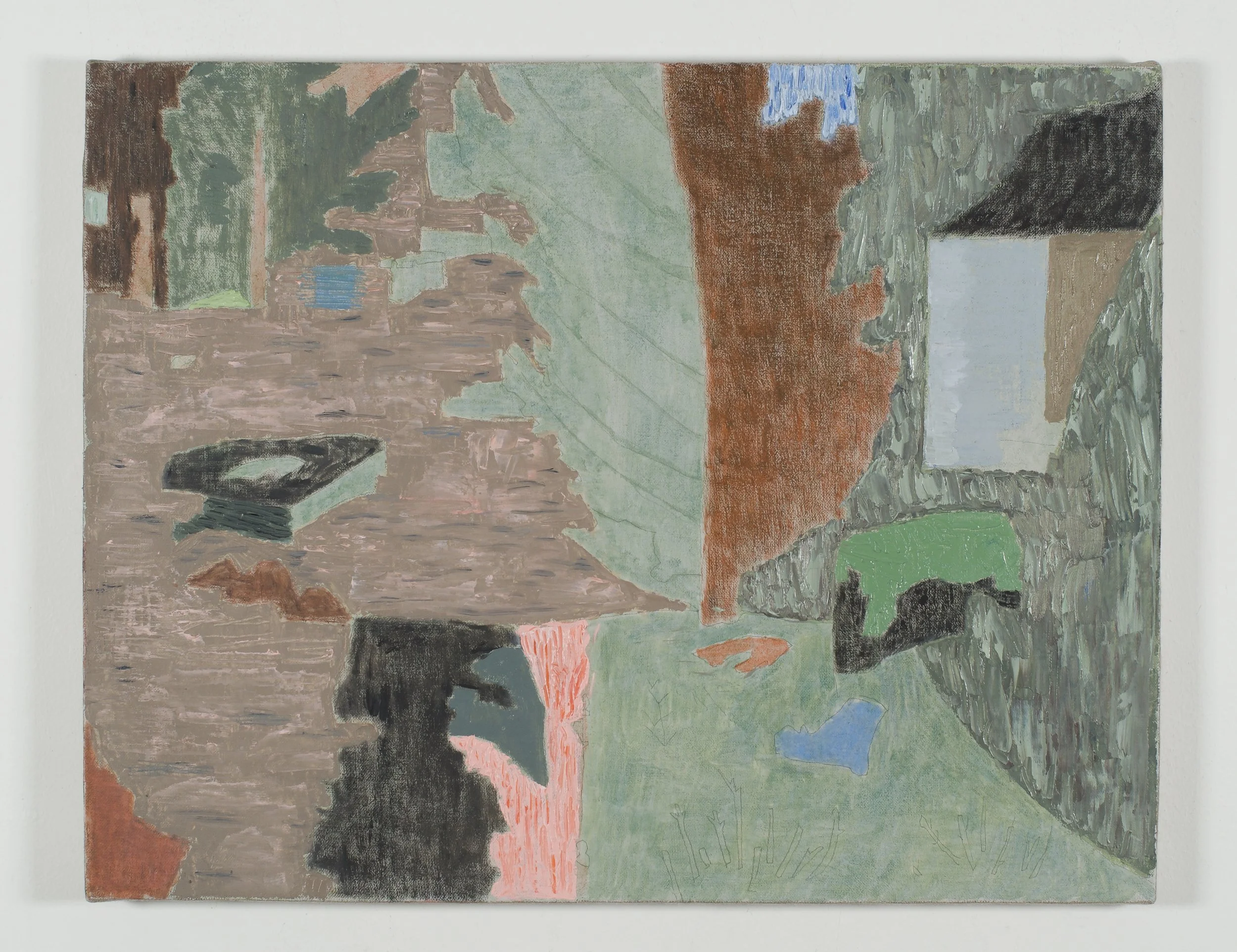 Backyard, 2025. Oil and acrylic on linen-covered panel, 14" x 18"