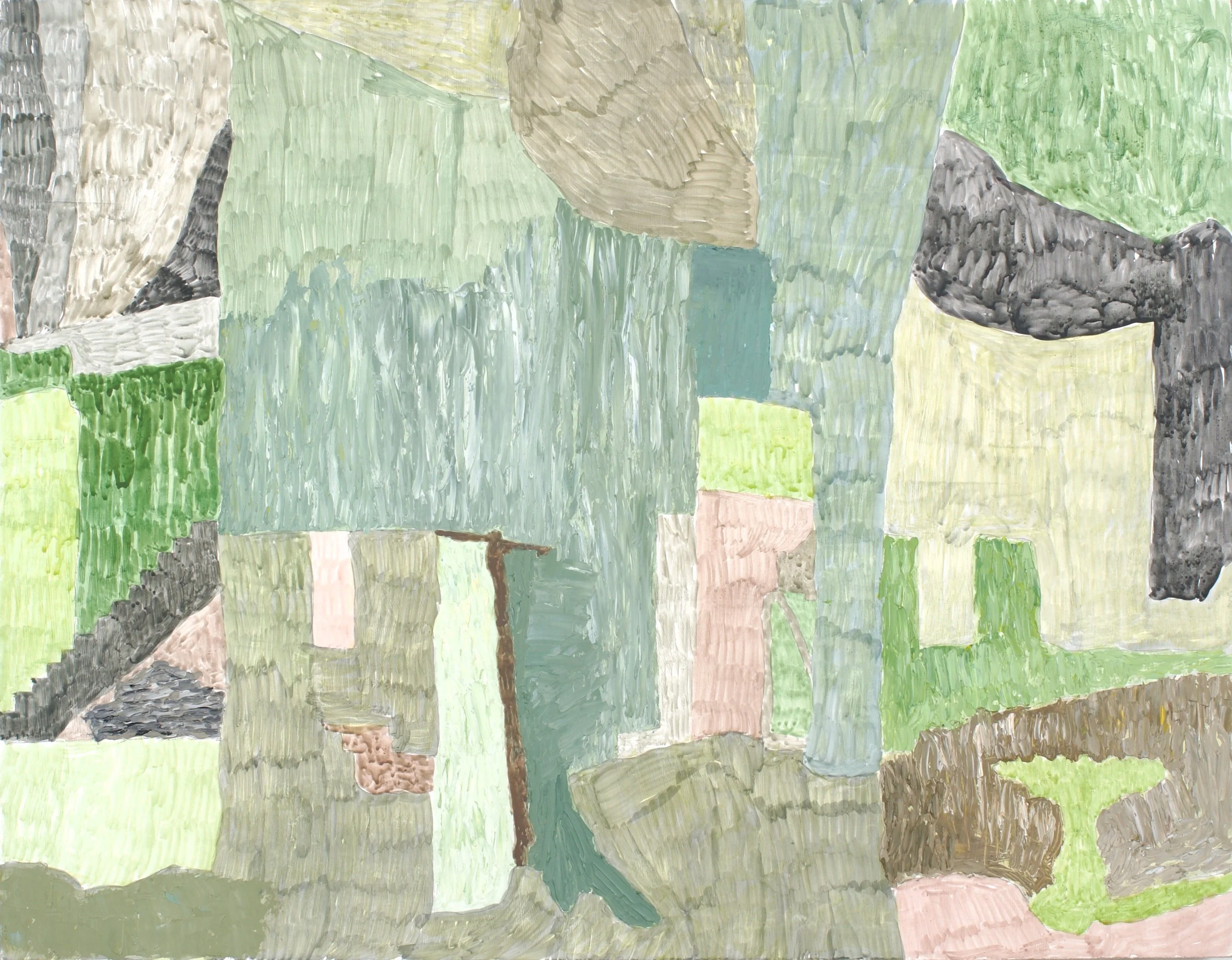 Clothesline, 2024. Egg tempera and oil on canvas-covered wood panel, 14" x 18"