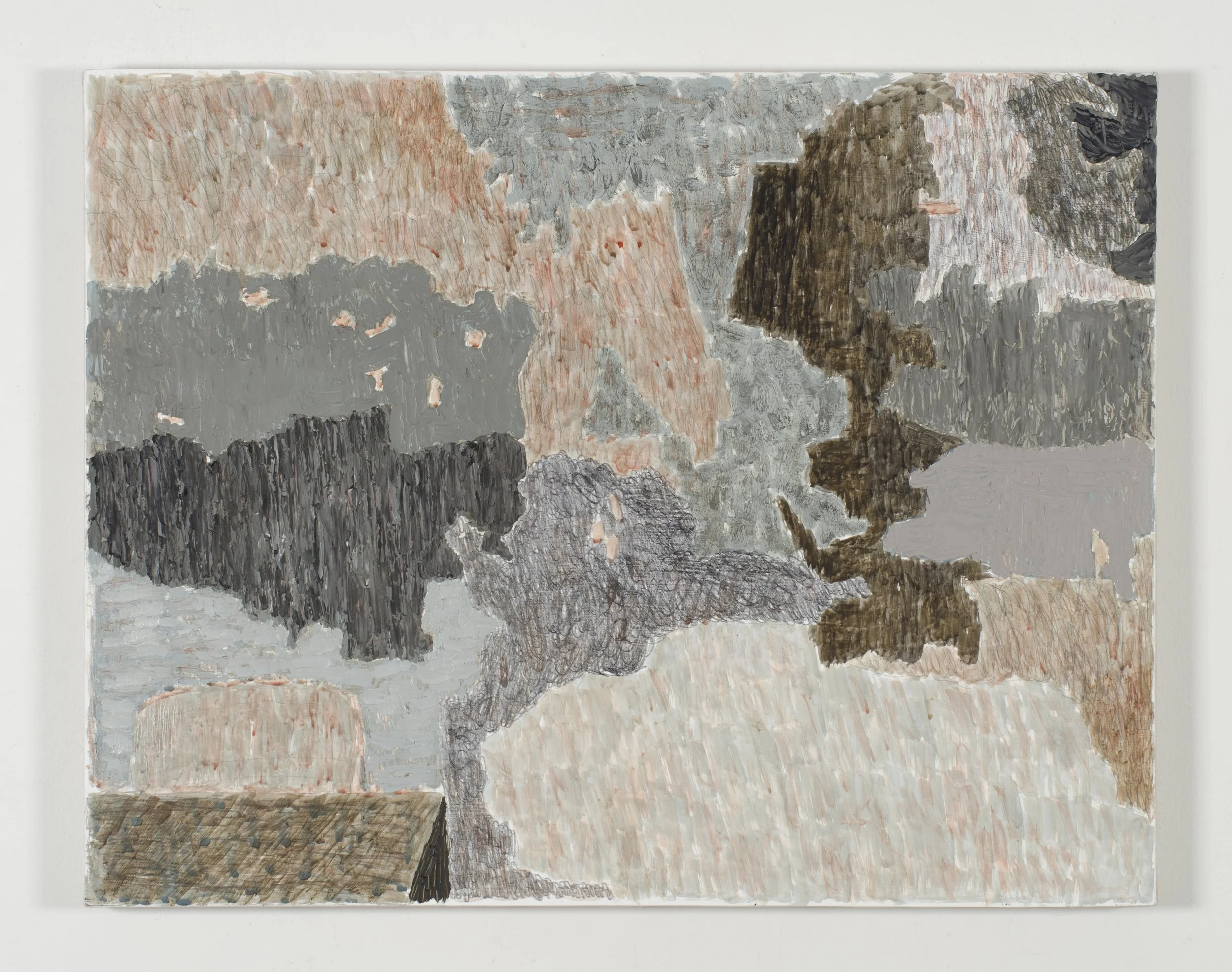 Patio, 2025. Egg tempera, oil and graphite on linen-covered panel, 14" x 18"