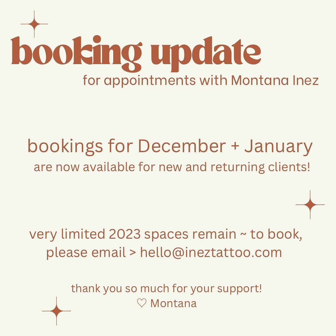 A long awaited booking update 💌

I have opened up a few last December spots for new &amp; returning clients and they&rsquo;re now up for grabs, along with bookings for January 2024!

To get in before the end of the year, please send us an email with