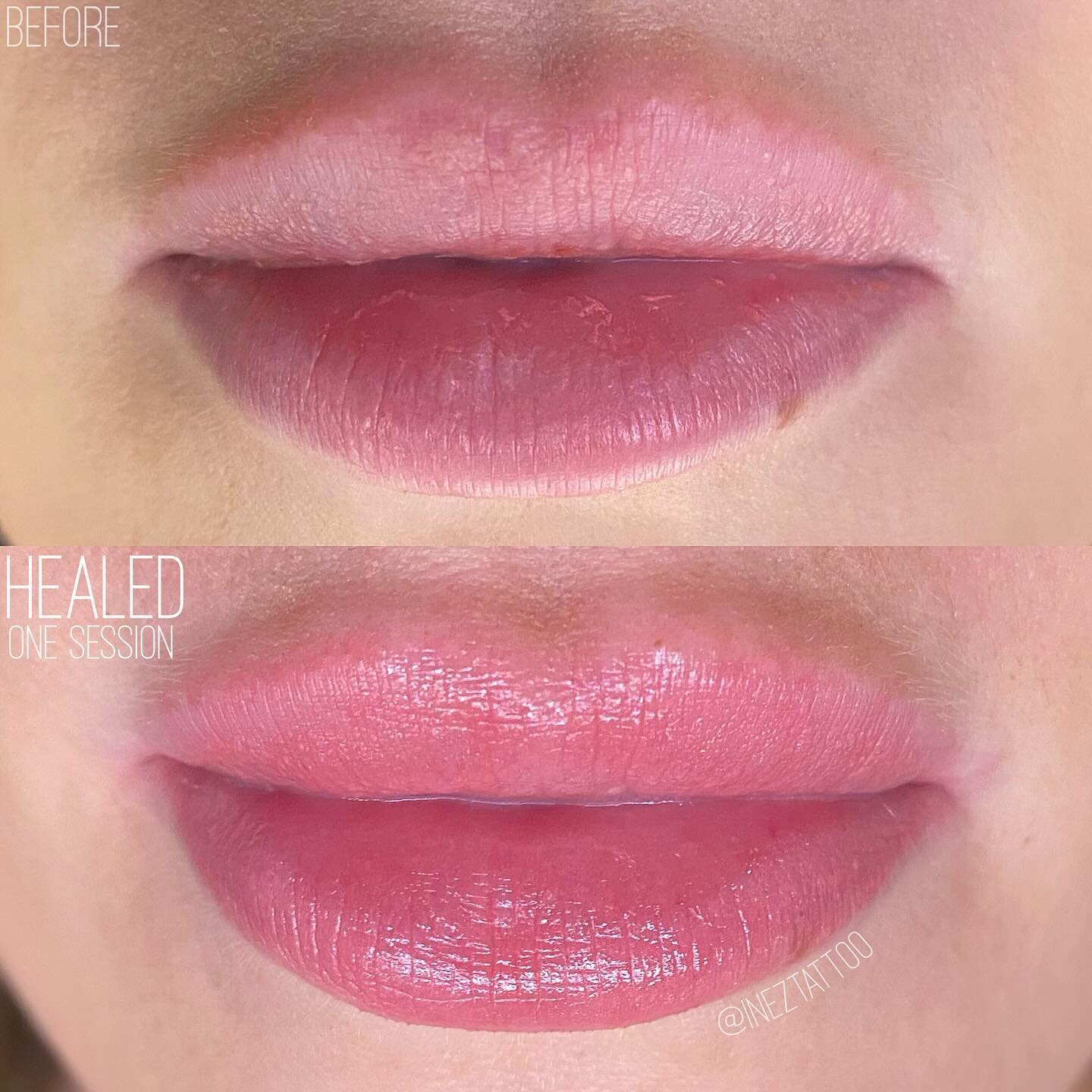 HEALED lip blush 🌸 for my super sweet client, after just one session / before a small perfecting session, for fine detail and longevity.

From cool blue undertones to a more symmetrical, soft, naturally defined bright pink. As usual, trusting the pr