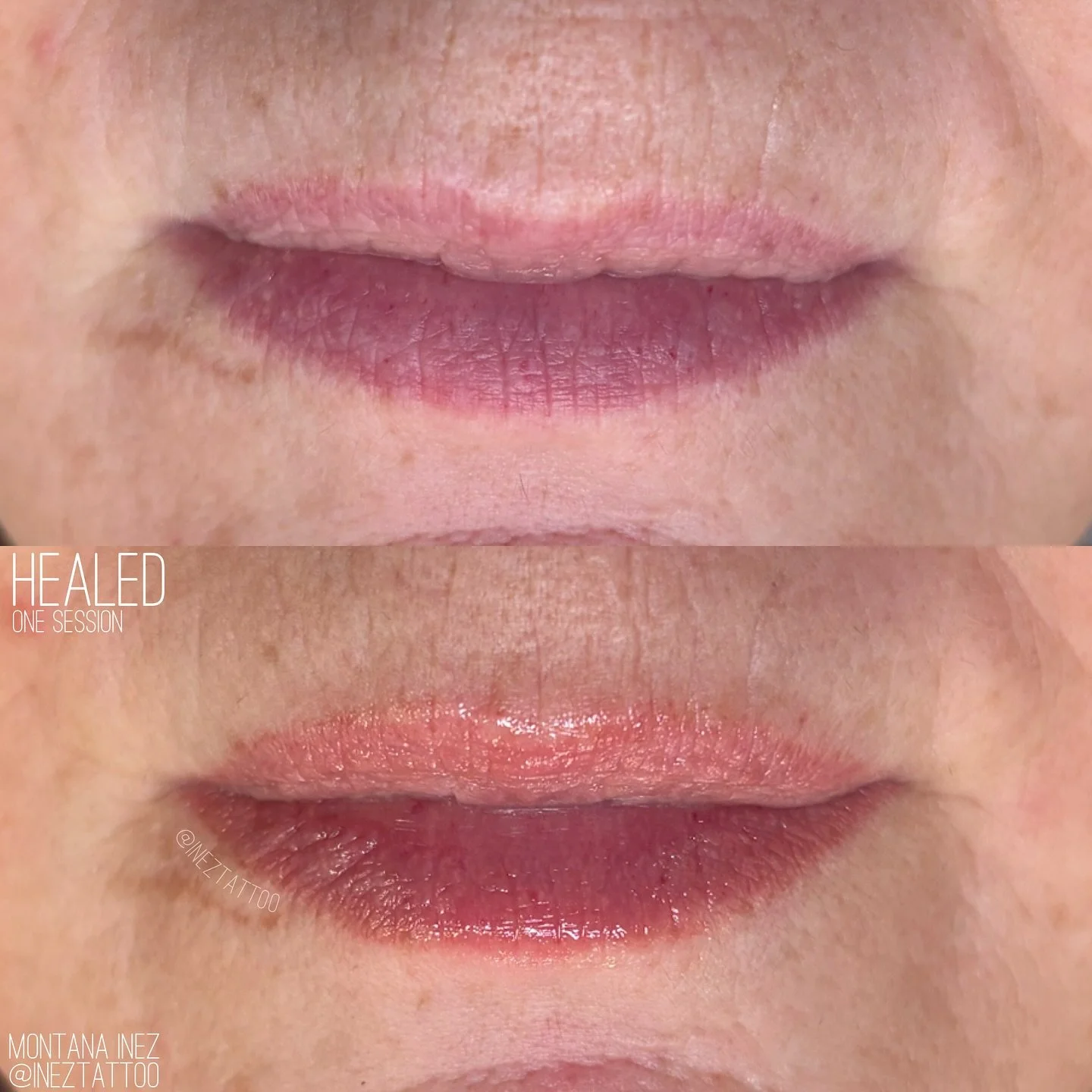 Healed Lip Blush ~ one session, one awesome client, and nothin&rsquo; but a swipe of clear balm ✨🥲

After this photo we added a tiny touch-up: a little more definition to the edges, a pop of depth to the colour, and some love to the lighter spots.


