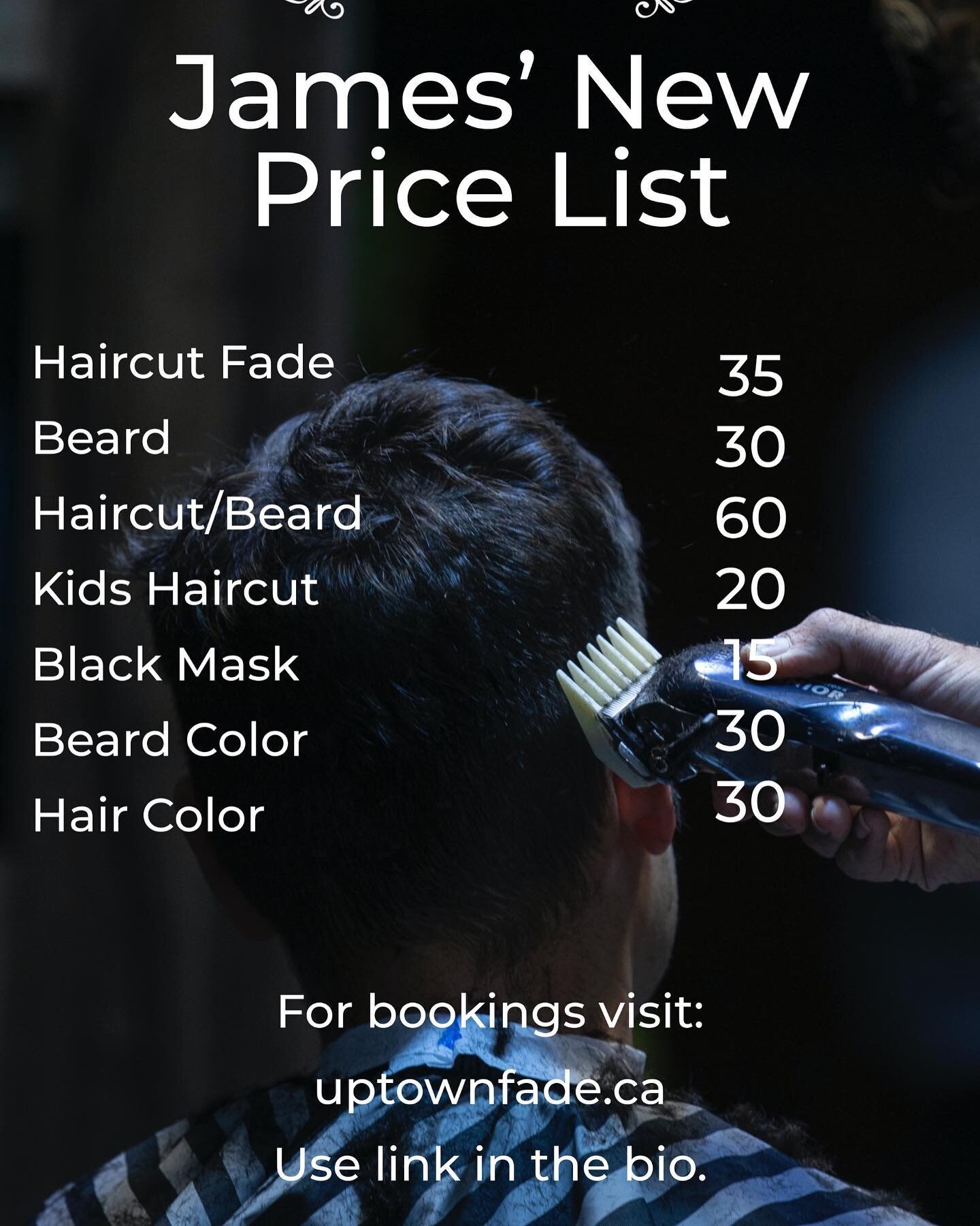 Hey everyone, this is James&rsquo;s new price list. It was effective April 1st. We have gotten a lot of confusion since it was implemented in April fools. Haha. 

#vancouverbarbers #barbershopconnect #hair #fade #menshair #barber #menshairstyle #bear