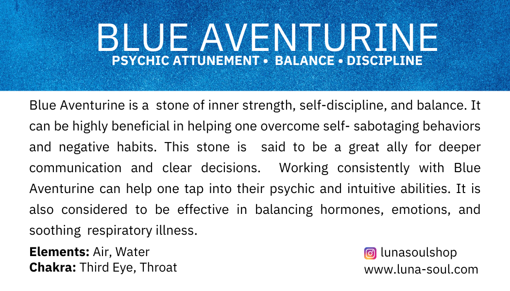 Image with a blue gradient background featuring white text that reads "BLUE AVENTURINE" at the top, followed by a descriptive paragraph about the properties and benefits of Blue Aventurine related to psychic attunement, balance, and discipline, and m