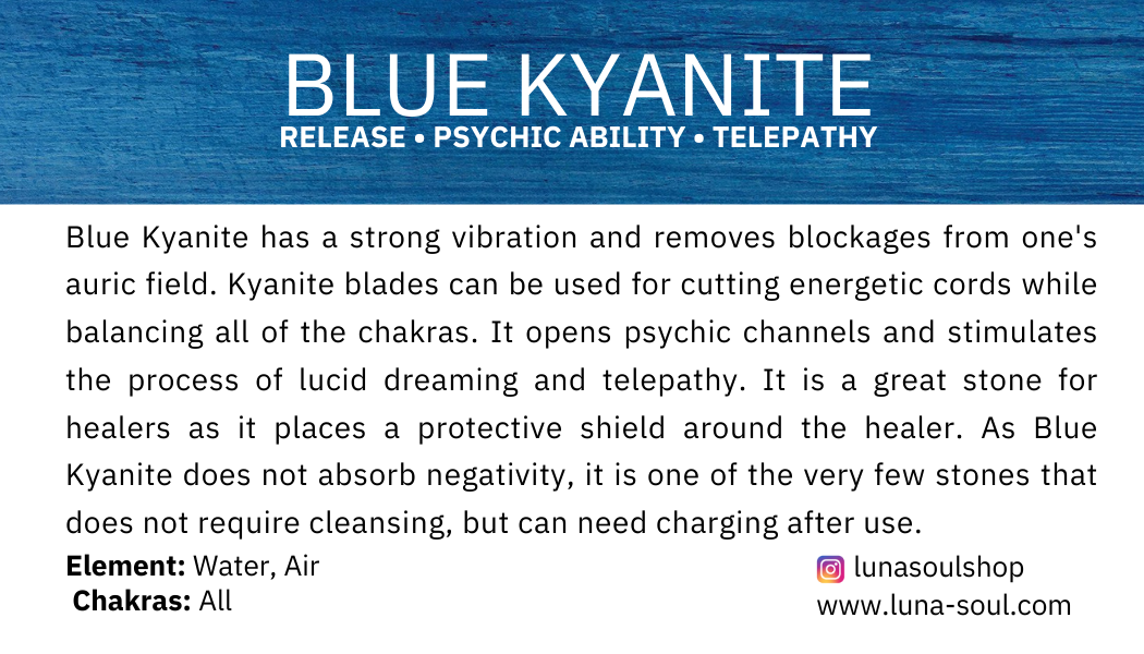 Information about Blue Kyanite crystal, including its properties, uses, and benefits for healing, psychic ability, and telepathy.