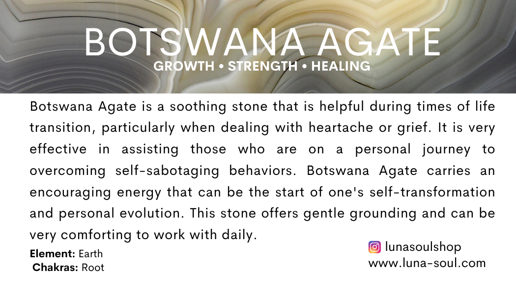 Informational poster about Botswana Agate, describing its properties, uses, and benefits, with a background resembling layered agate stone.