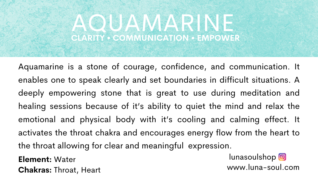 Information about aquamarine, a stone associated with clarity, communication, and empowerment, including its benefits and related chakras and element.