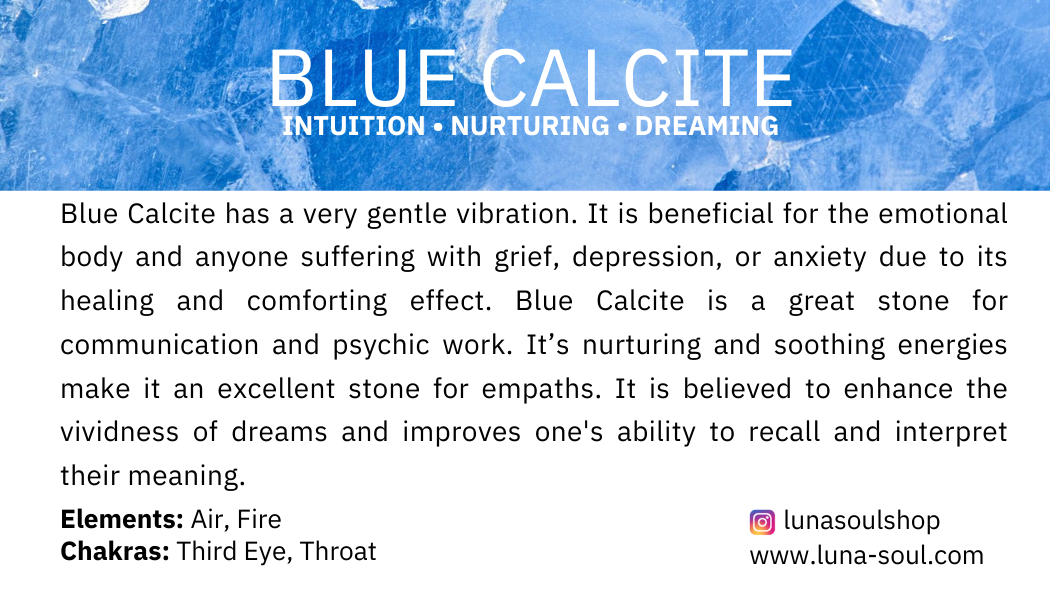 Information about Blue Calcite, highlighting its gentle vibration, emotional healing benefits, and its association with communication and psychic work. Mentions elements of air and fire, and the third eye and throat chakras. Includes social media han