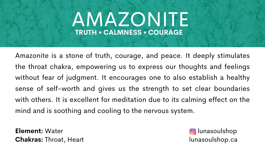 Information about Amazonite stone, emphasizing truth, calmness, and courage, its effects on the throat chakra, and its benefits for meditation. Includes social media handle and website.