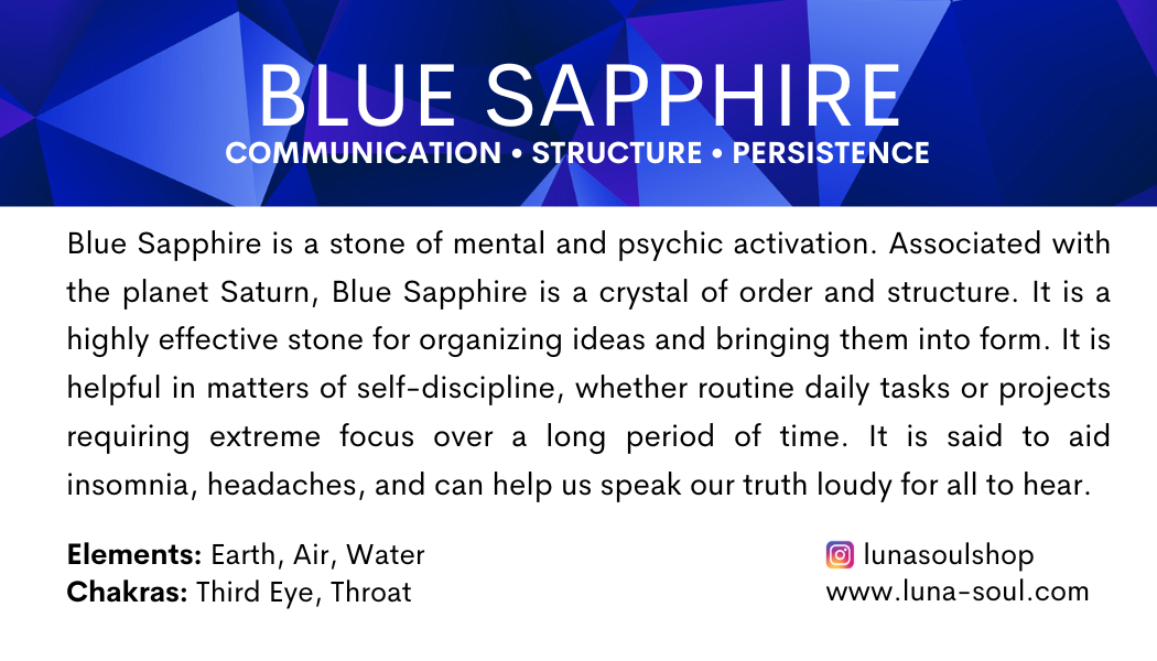 Information card about Blue Sapphire, describing it as a stone of mental and psychic activation related to Saturn, symbolizing order and structure, useful for organizing ideas and focus, aiding insomnia and headaches, and associated with Earth, Air, 