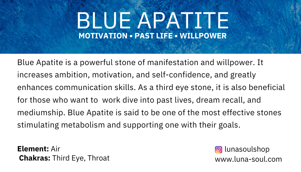 Information about Blue Apatite crystal, its properties, and benefits.