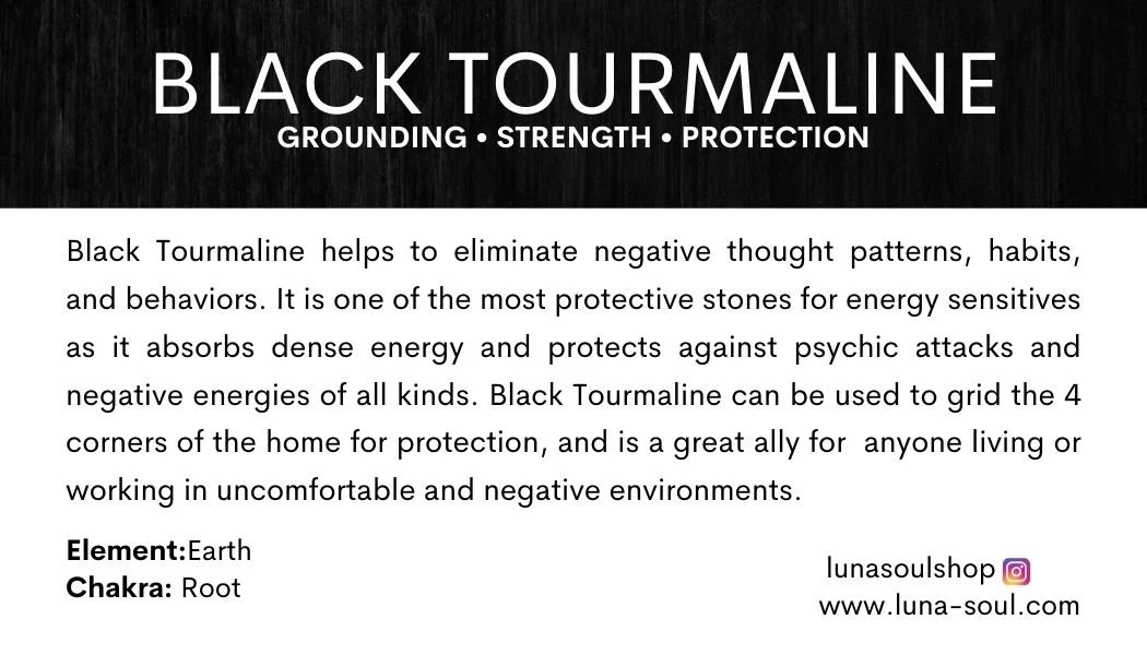 Information about Black Tourmaline, a grounding stone that helps eliminate negative thoughts and energies, with details about its use, element, and chakra