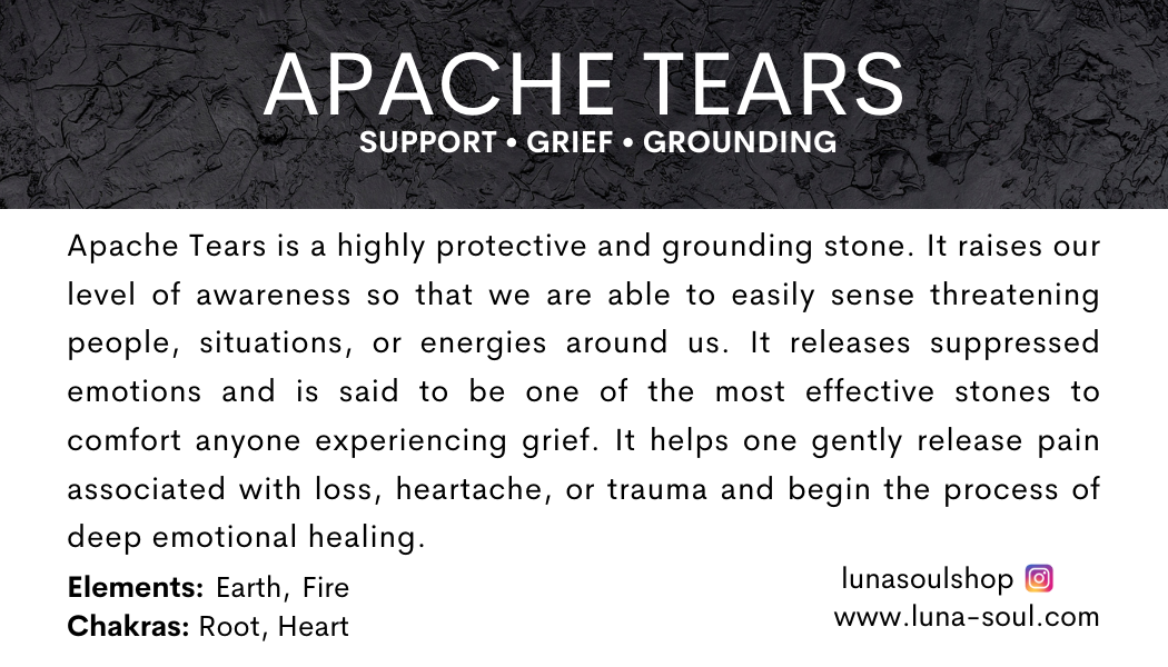 Information about Apache Tears shielding from a dark textured background, describing it as a protective grounding stone used for support, grief, and grounding, including details about its healing properties, elements (Earth, Fire), chakras (Root, Hea