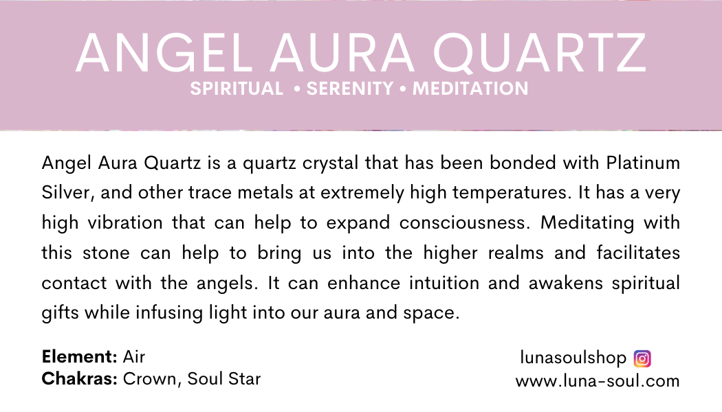 A product description for Angel Aura Quartz, a crystal used for spiritual meditation and enhancing spiritual gifts, infused with platinum silver and high temperatures, associated with the crown and soul star chakras.