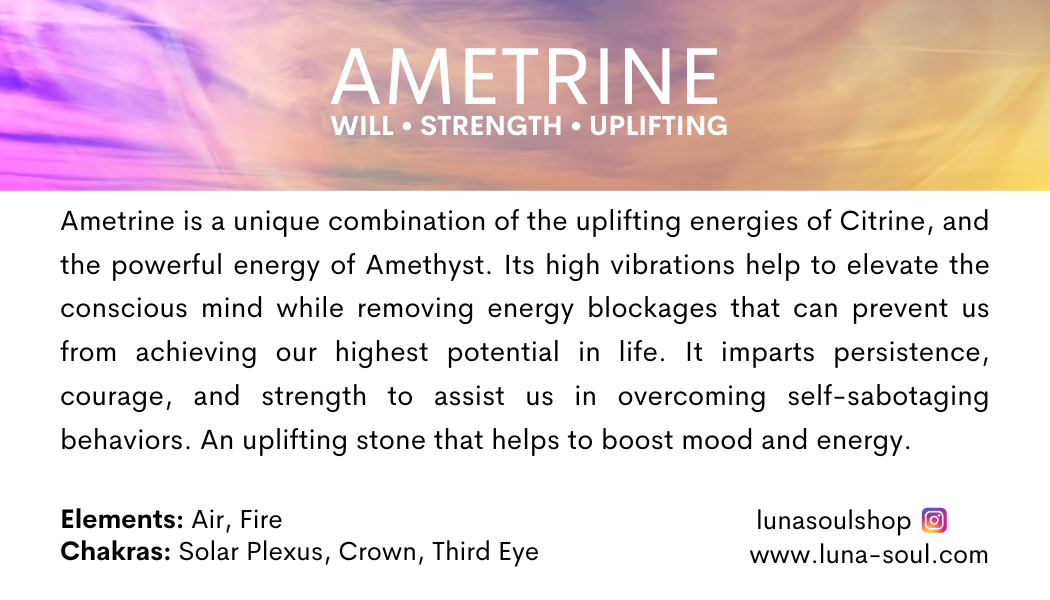 Information about Ametrince, an uplifting stone combining Citrine and Amethyst elements, with details on its benefits, chakras, and contact information.