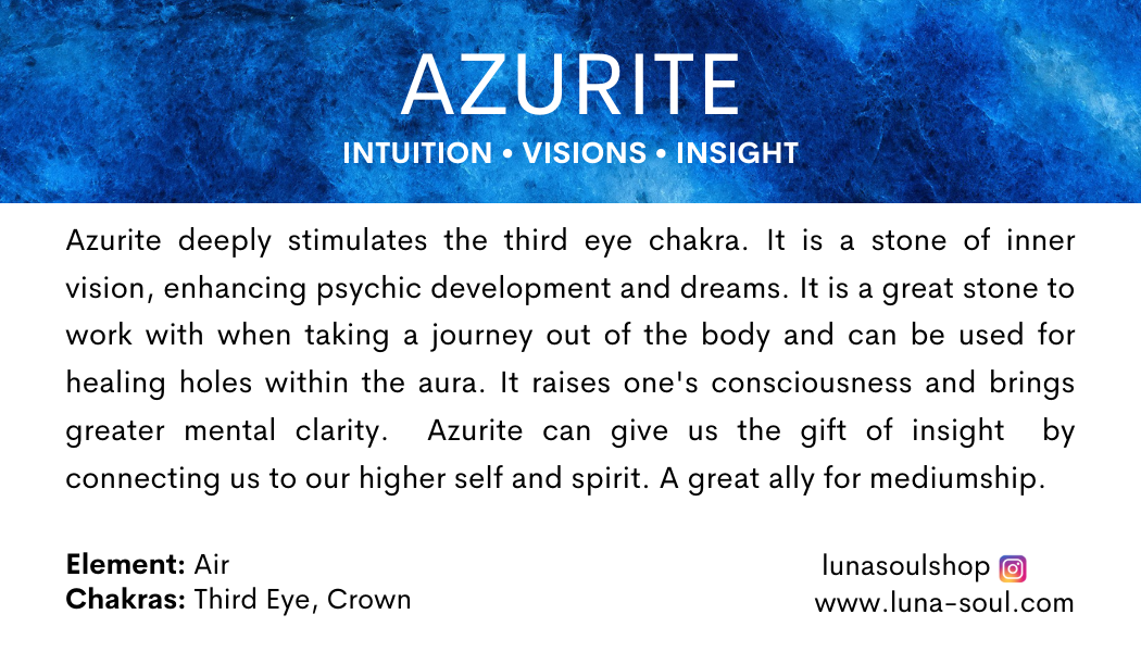 Informational card about azurite crystal, describing its properties and spiritual uses, with logos for social media and website.