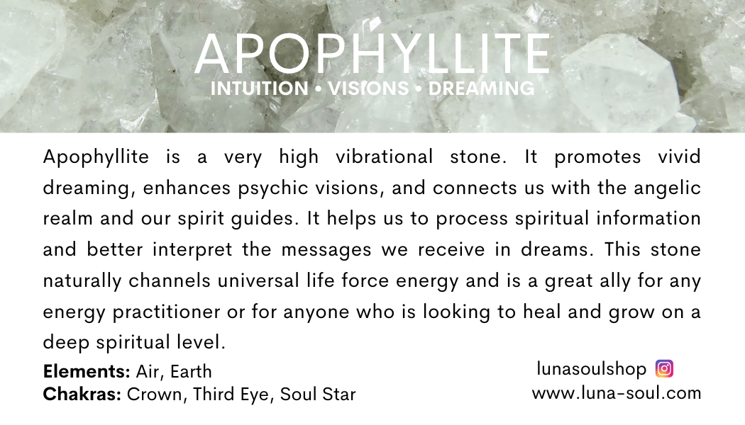 Text about apophyllite mineral with details on its properties and uses, and mentions elements air and earth, chakras crown, third eye, and soul star, with social media and website info.
