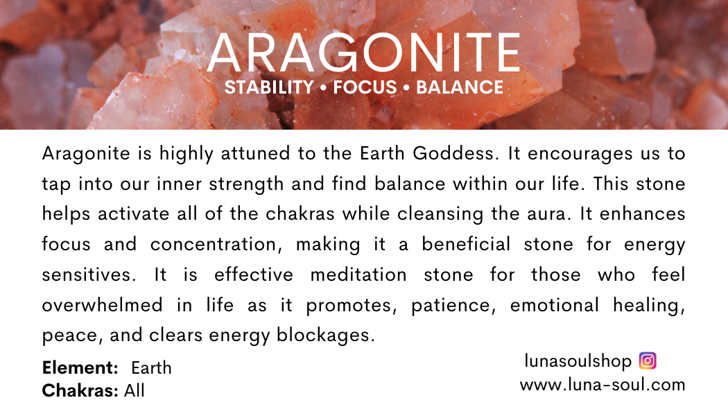 Description of a website page about aragonite, a type of stone with pinkish-orange crystals, highlighting its properties of stability, focus, and balance.