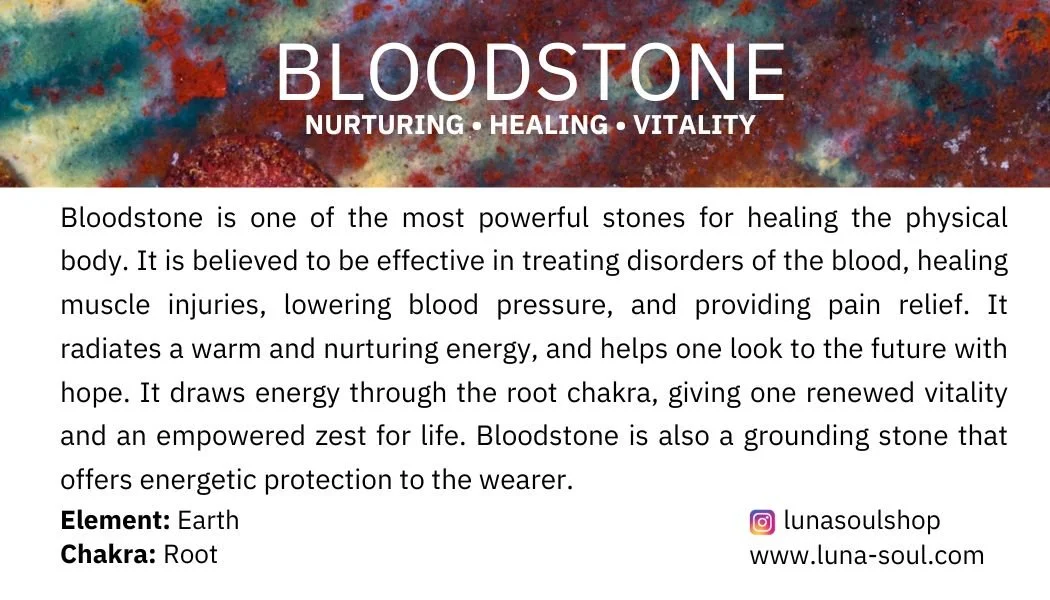 Information about Bloodstone, its healing properties, and significance, with a colorful background and social media and website links.
