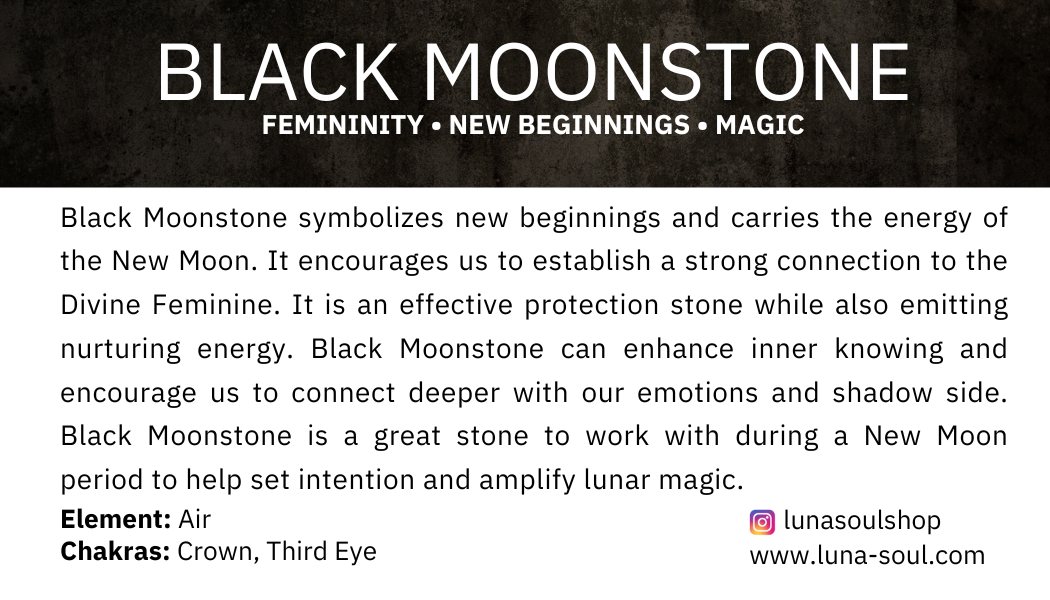 Information card about Black Moonstone, describing its significance and uses in symbolism, astrology, and energy work, with the store's Instagram handle and website.