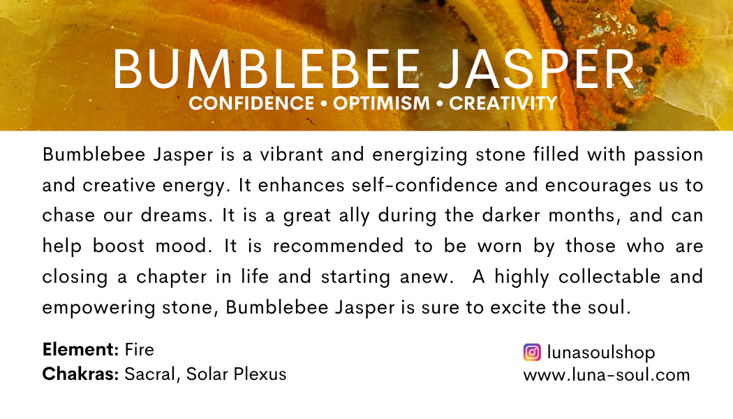 Description of Bumblebee Jasper stone, including its vibrant colors and energy, and its metaphysical properties.