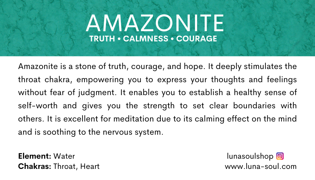 Information card about Amazonite stone, describing its properties of truth, calmness, and courage, and its benefits for the throat chakra and mental well-being.