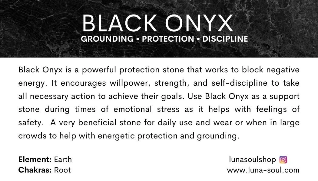 Information about Black Onyx as a grounding and protection stone, emphasizing its properties for emotional and energetic support, with context on its elemental and chakra associations.
