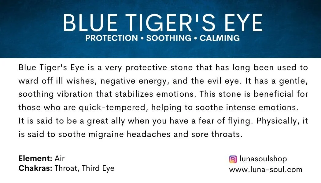 Information about Blue Tiger's Eye stone, its protective and calming properties, and its use for emotional stabilization and physical ailments.